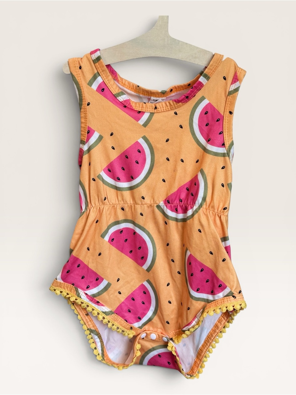 NWOT Shein Baby Girl Orange Watermelon Pom Pom Trim Romper 12-18M Summer